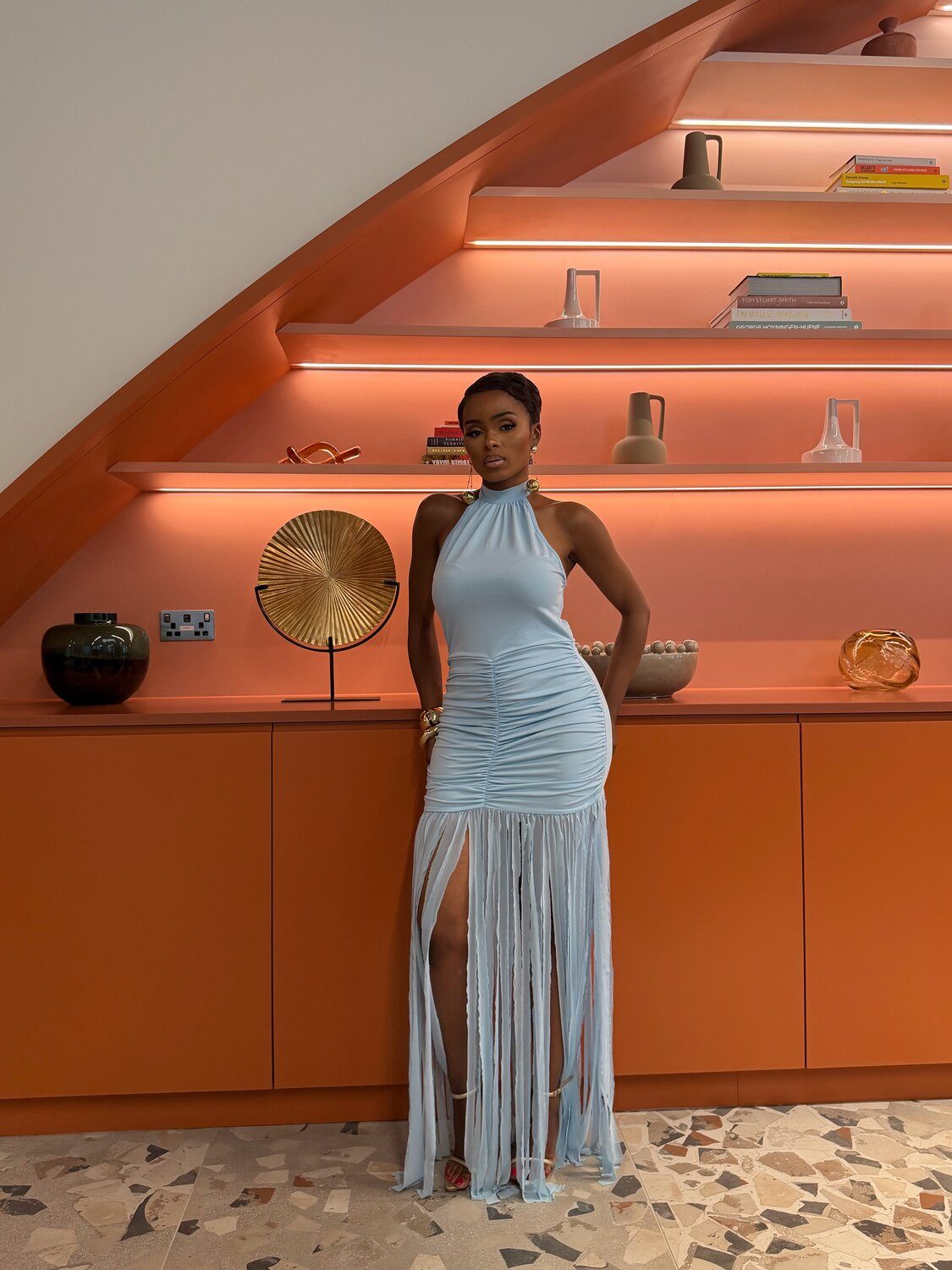 The Favour Fringe Gown in pale blue